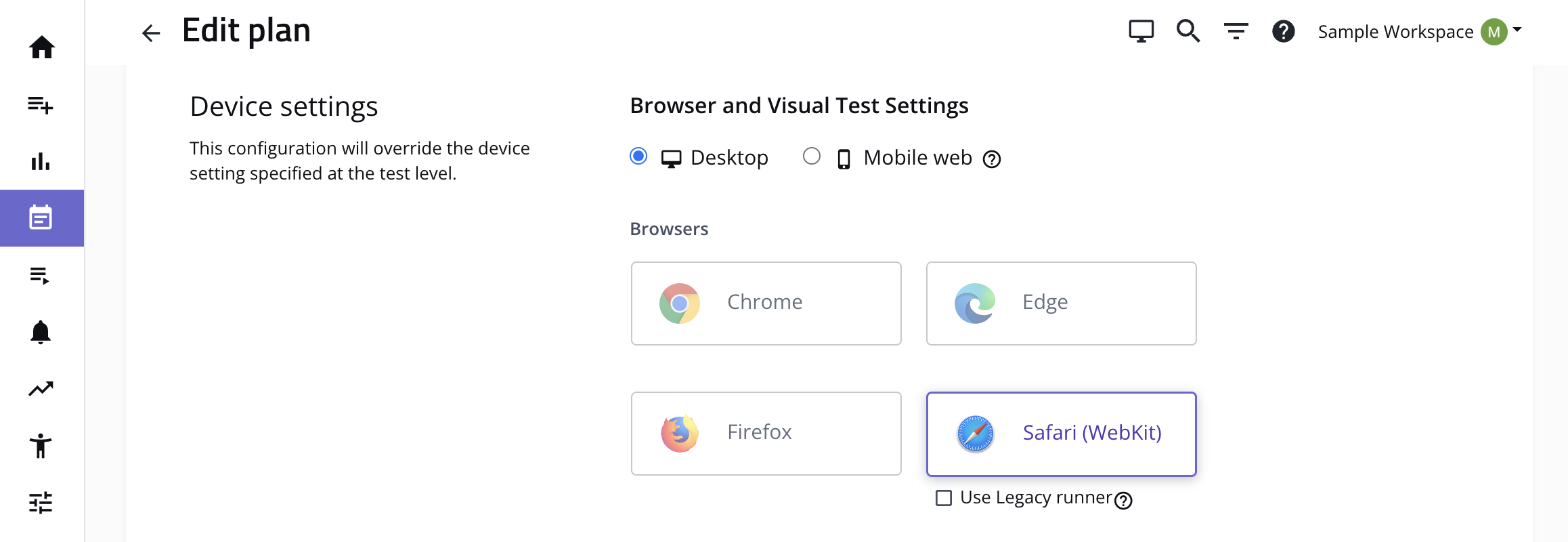 Browser selection menu with Safari (WebKit)