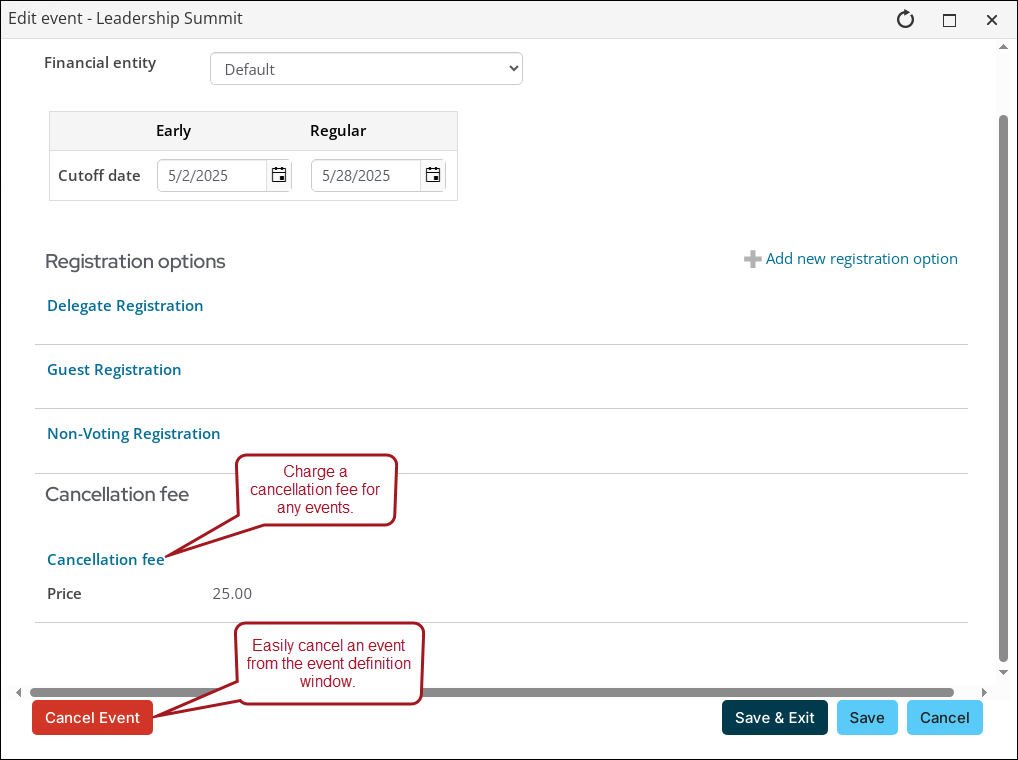 An image showing the pricing tab when editing an event, showing cancellation fees and the 'Cancel Event' button.