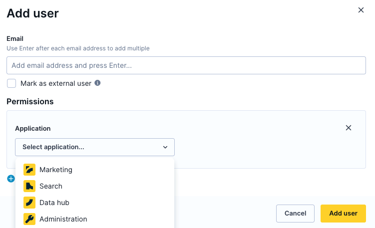 User addition dialog showing application selection with options for Marketing, Search, Data hub, and Administration
