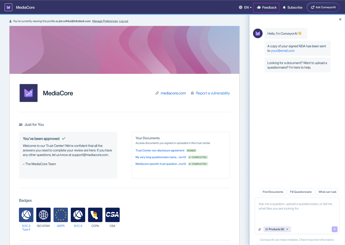 Trust Center header with a thumbs-up icon labeled "Feedback" highlighted.