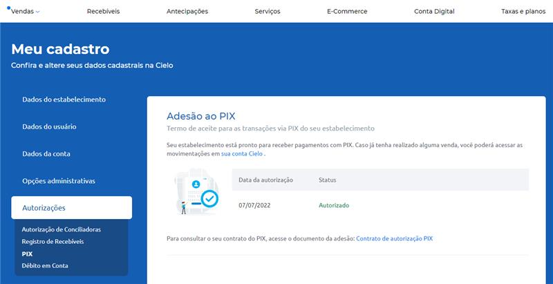 Tela site Cielo adesão Pix