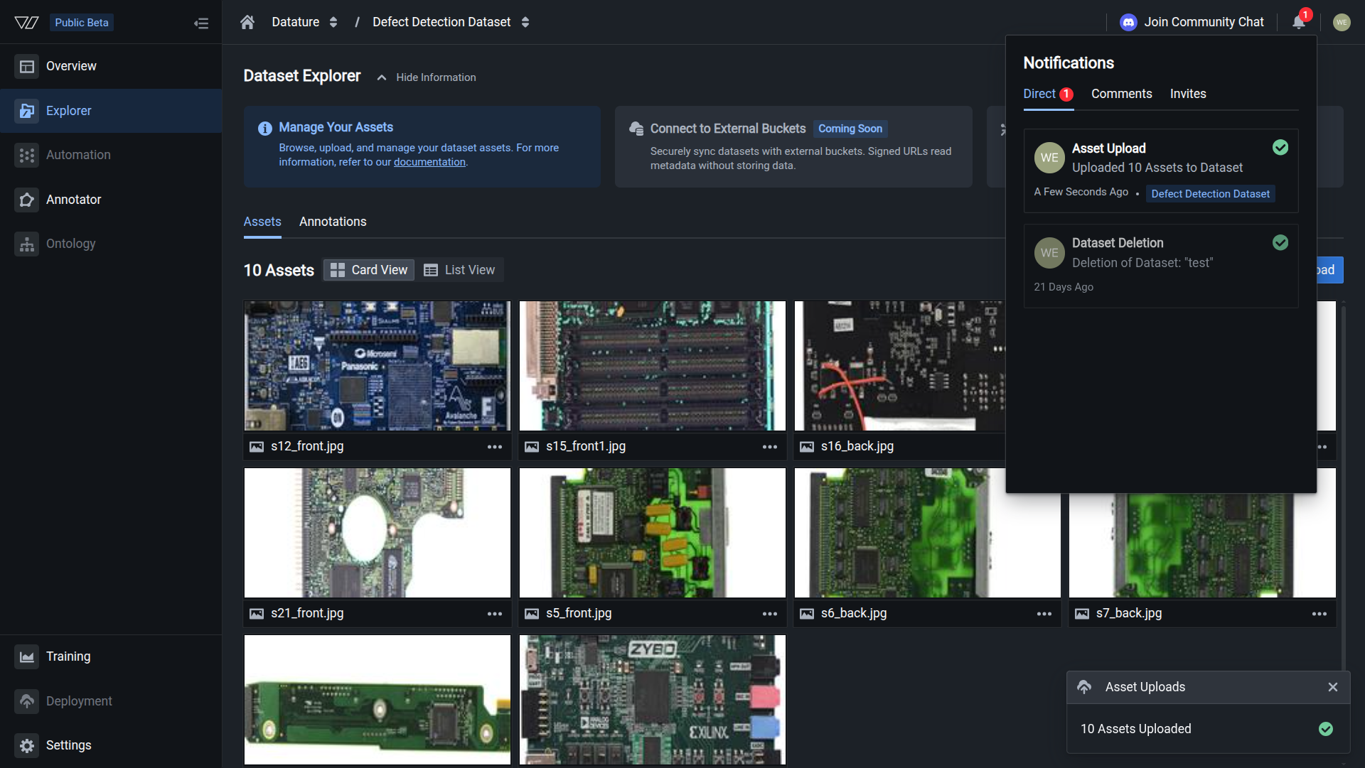 Dataset Explorer showing a grid of uploaded image thumbnails with a total asset count in the header