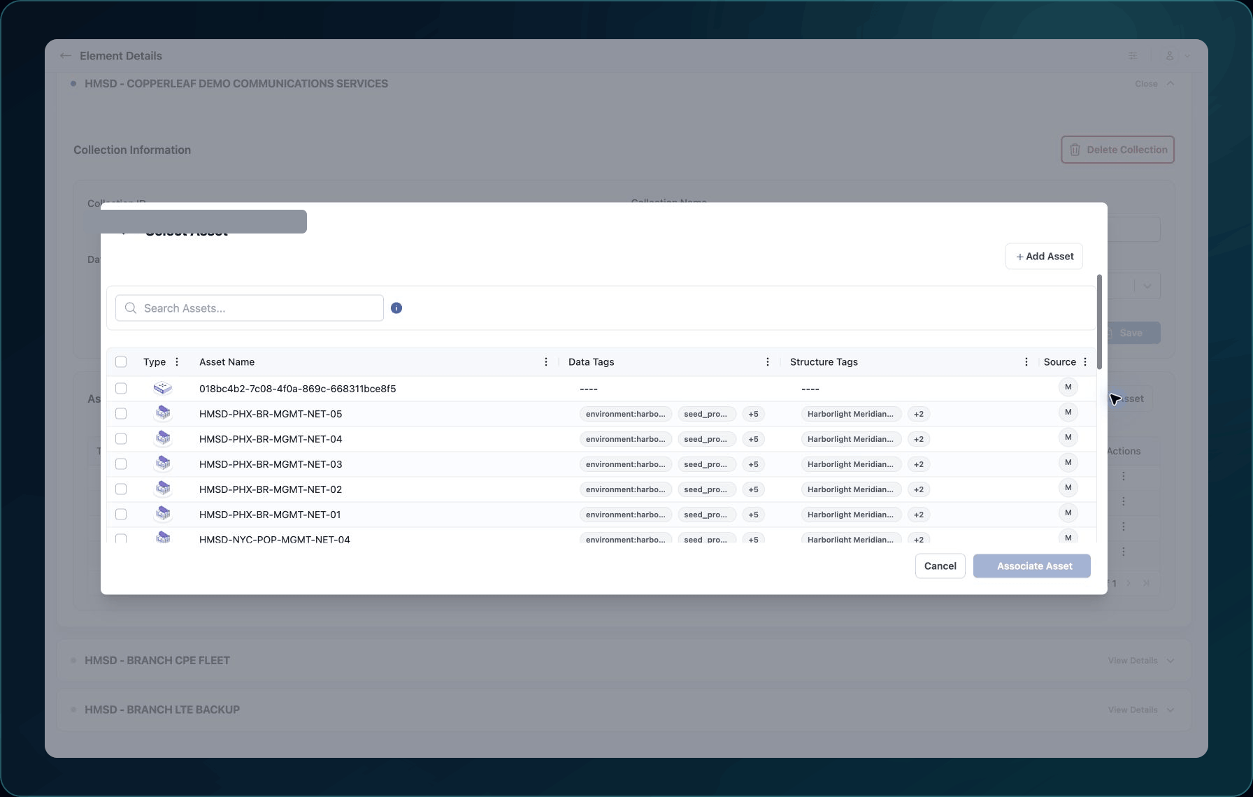 Select Asset dialog showing search, row selection, and Associate Asset for Collection membership.