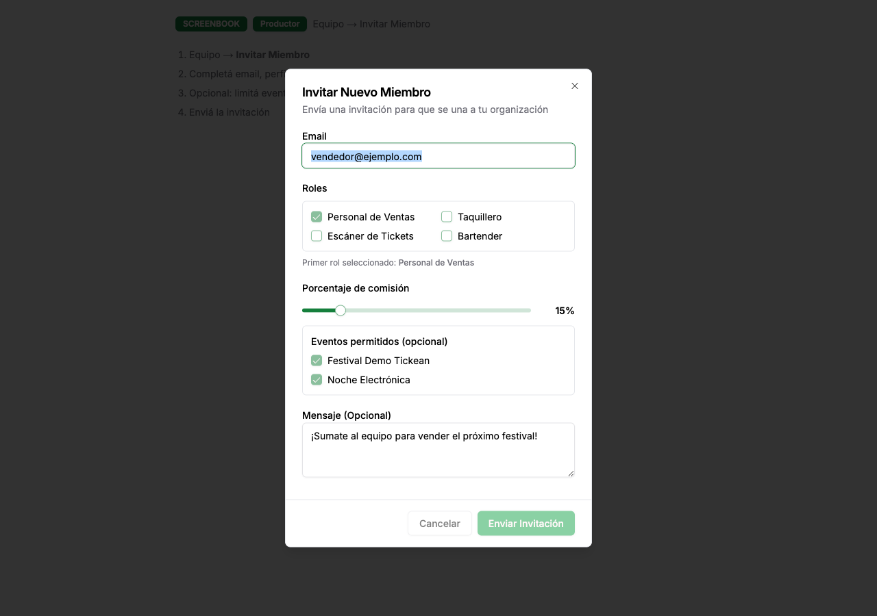 Modal para invitar un miembro del equipo con rol y comisión