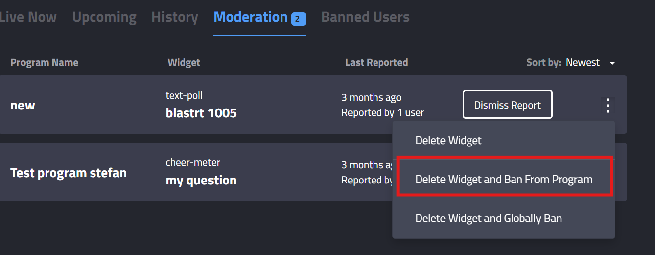 Delete widget and Ban from Program option for reported widgets