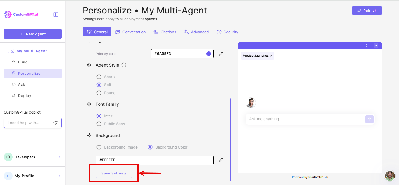 save settings button on master agent's personalize page