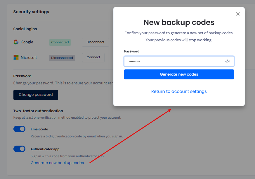 Screenshot of the New backup codes dialog with the password field and the Generate new codes button
