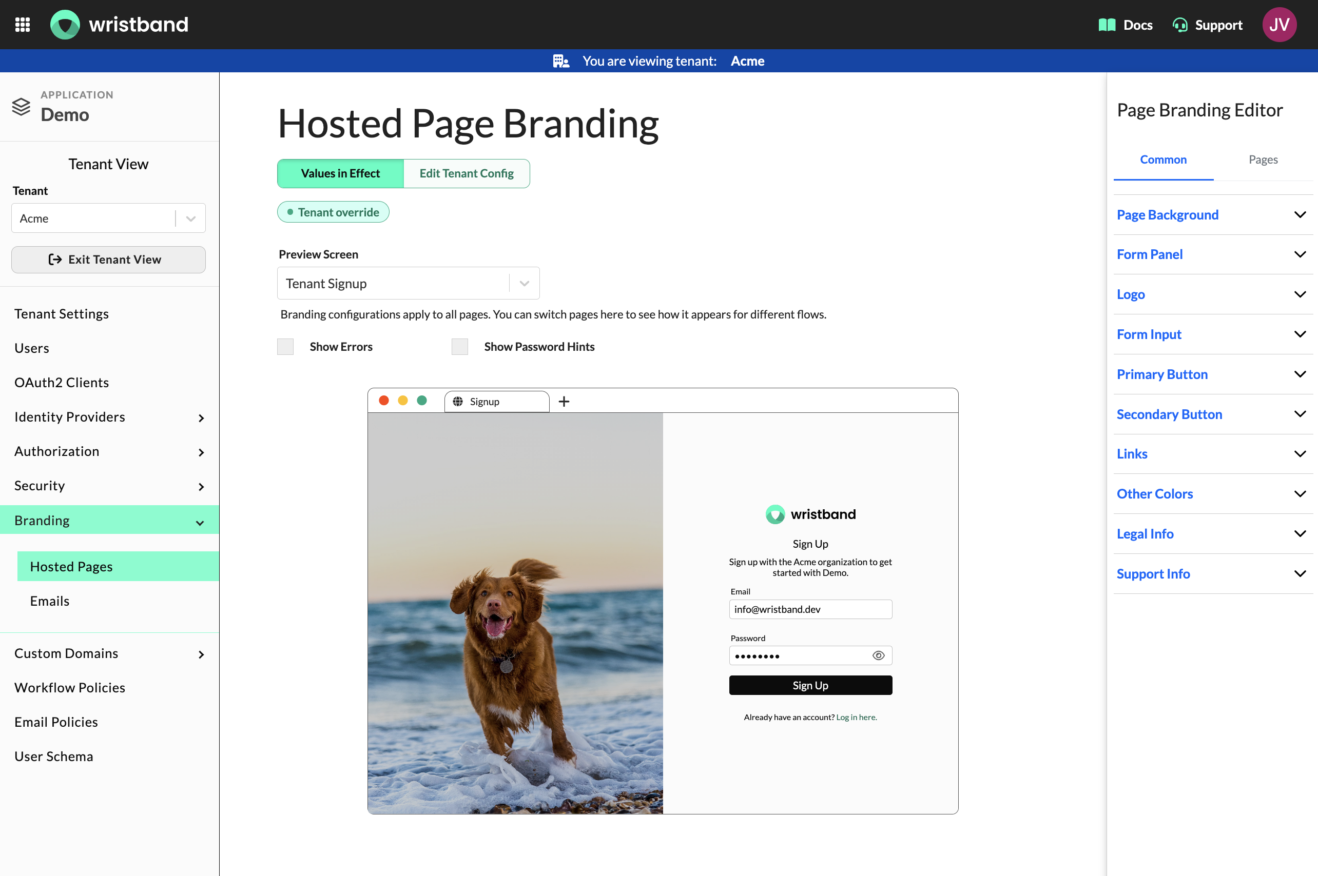 The Values in Effect tab on the Hosted Page Branding page, showing the tenant's own configuration is now active.