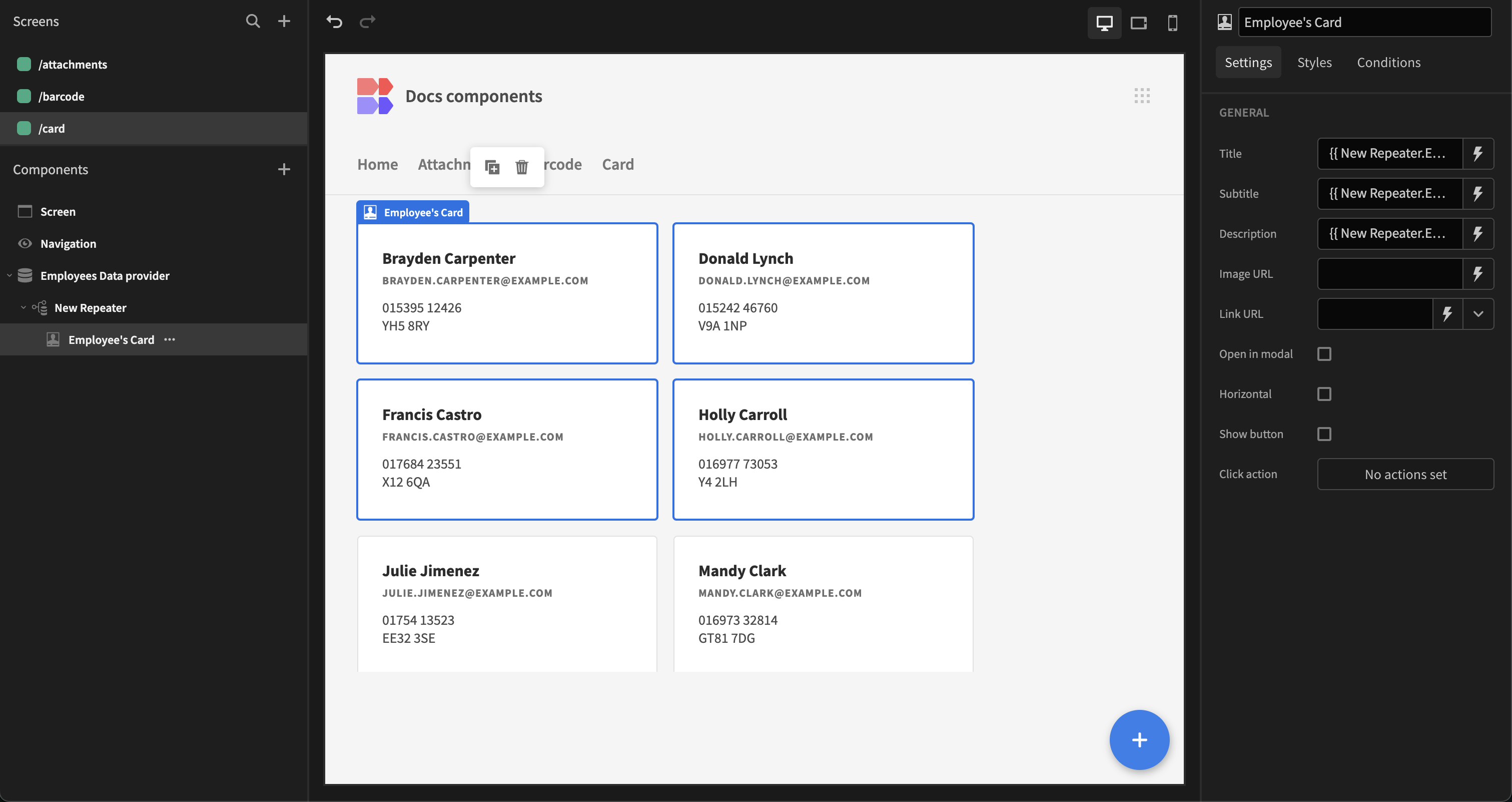 Showing the bindings of the title field, using the first name and last name of the employee.