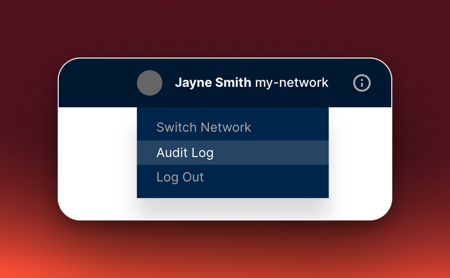 The menu under the network name in the Ad Server UI menu bar, listing Switch Network, Audit Log and Log Out, with Audit Log highlighted.