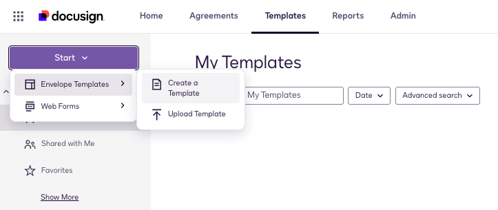 DocuSign Templates tab with the “Start” menu open, showing options to create or upload a new Envelope Template.