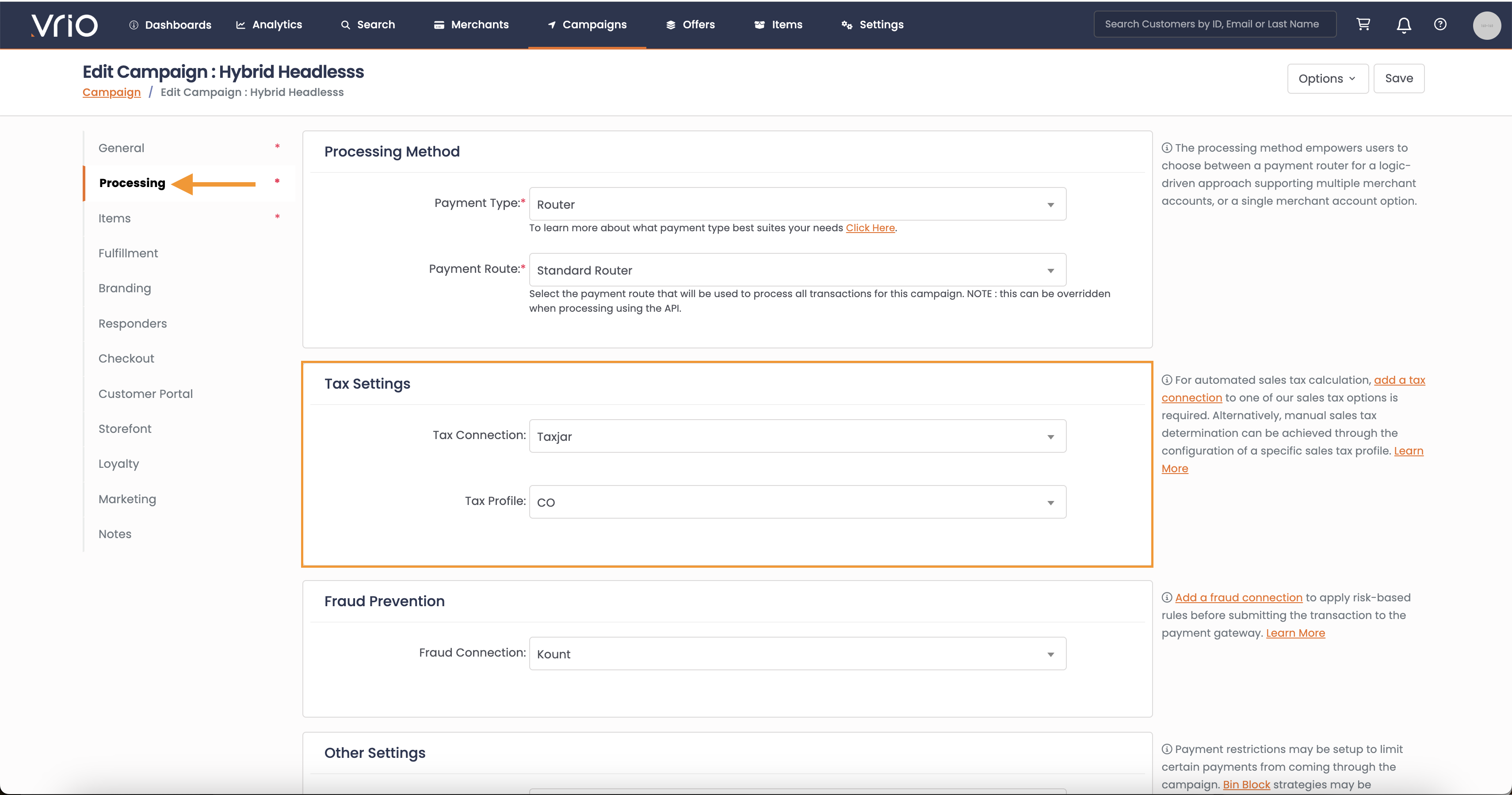 Selecting a Tax Profile in Campaign settings