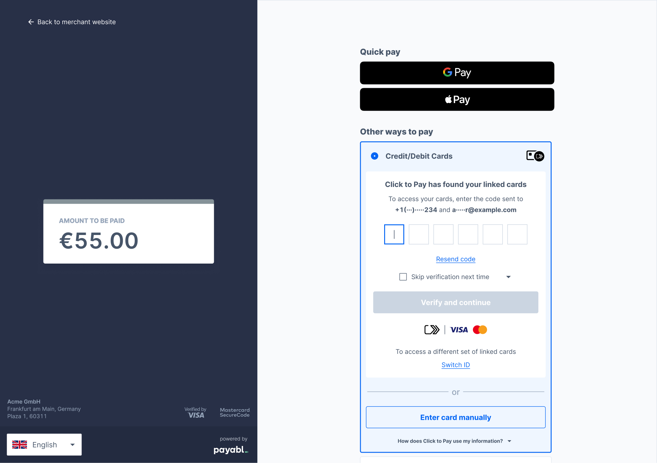 Click to Pay - One Time Password Entry - Unrecognized Device