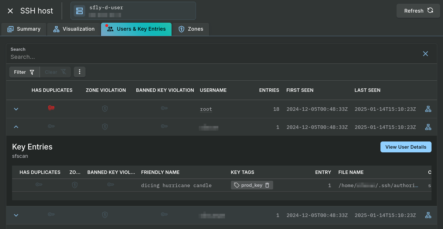 A screenshot of the Host Investigation's Users & Key Entries tab