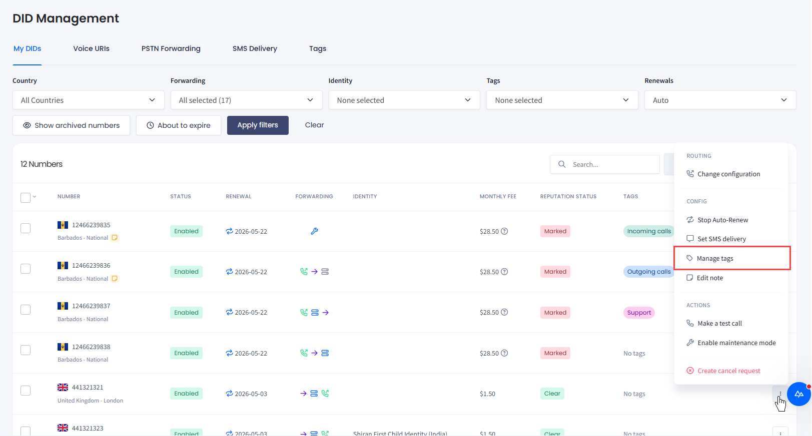 Screenshot of selecting the Manage tags action