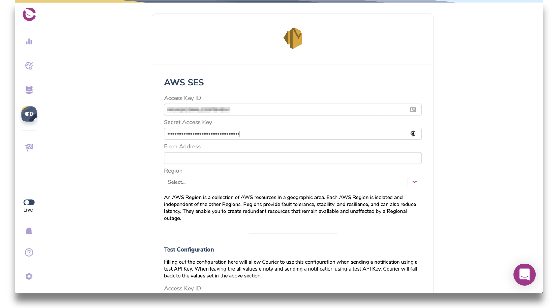 AWS SES key integration.png Courier AWS SES integration page