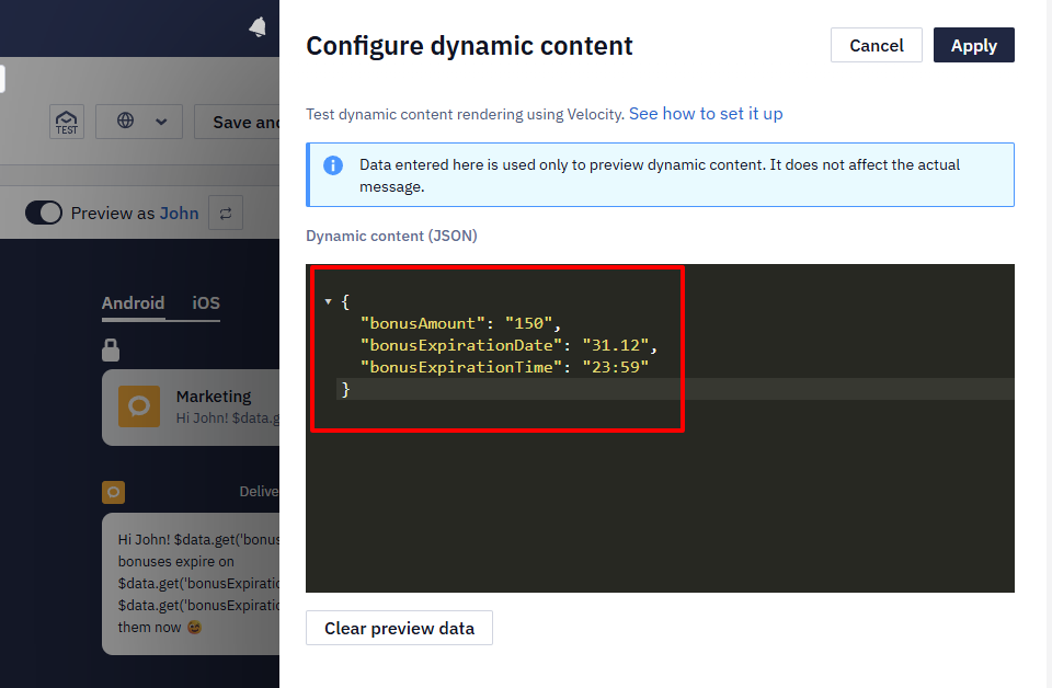 Test data in Configure dynamic content
