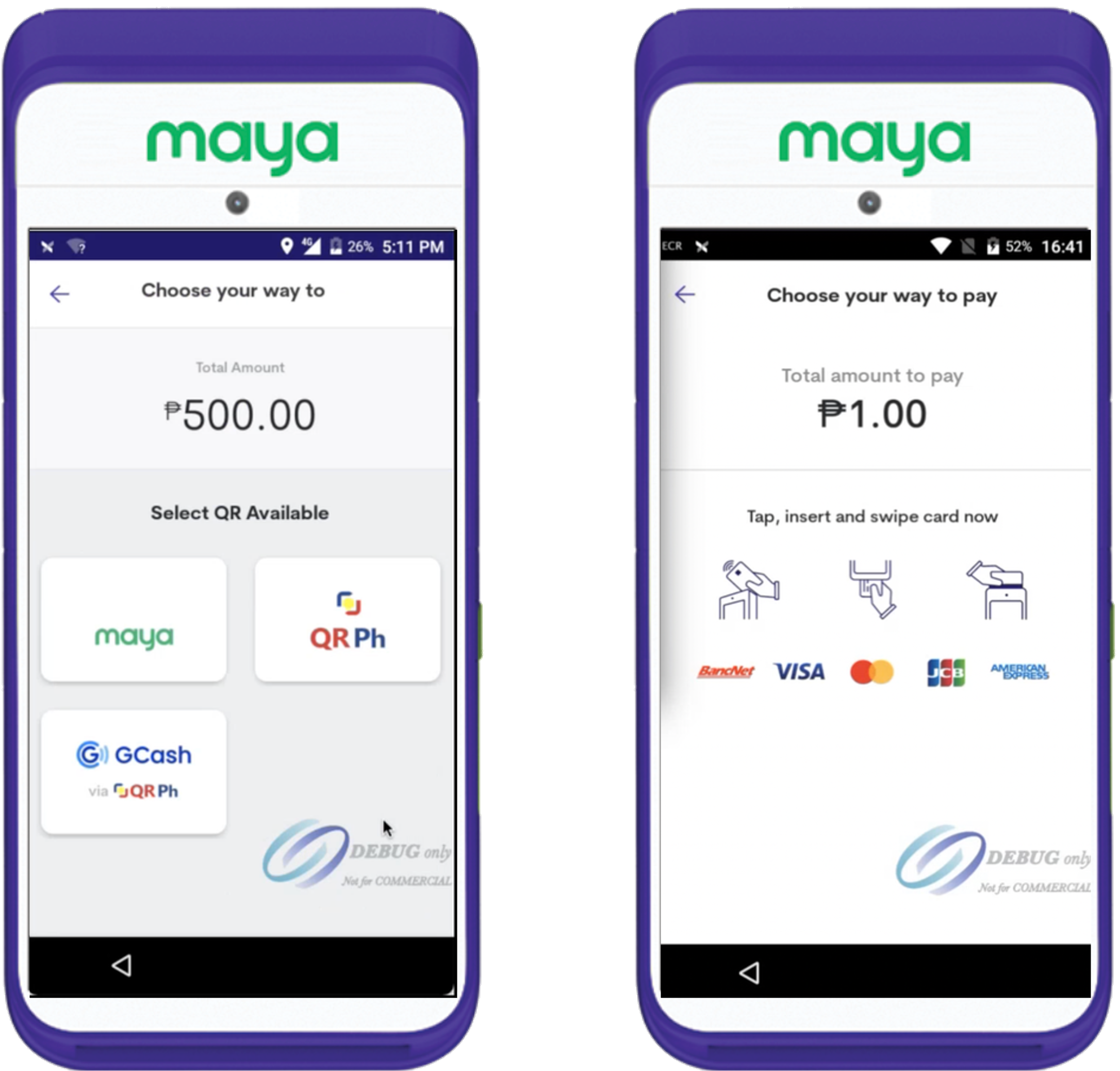 Sample of choosing a payment method: e-wallets (left) and cards (right)