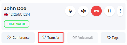 Screenshot of the call panel with the Transfer button highlighted