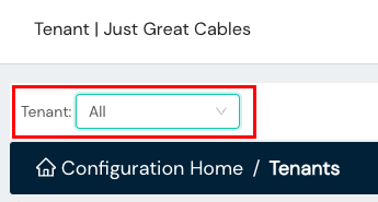 The Tenant dropdown menu within Configuration Home / Tenants