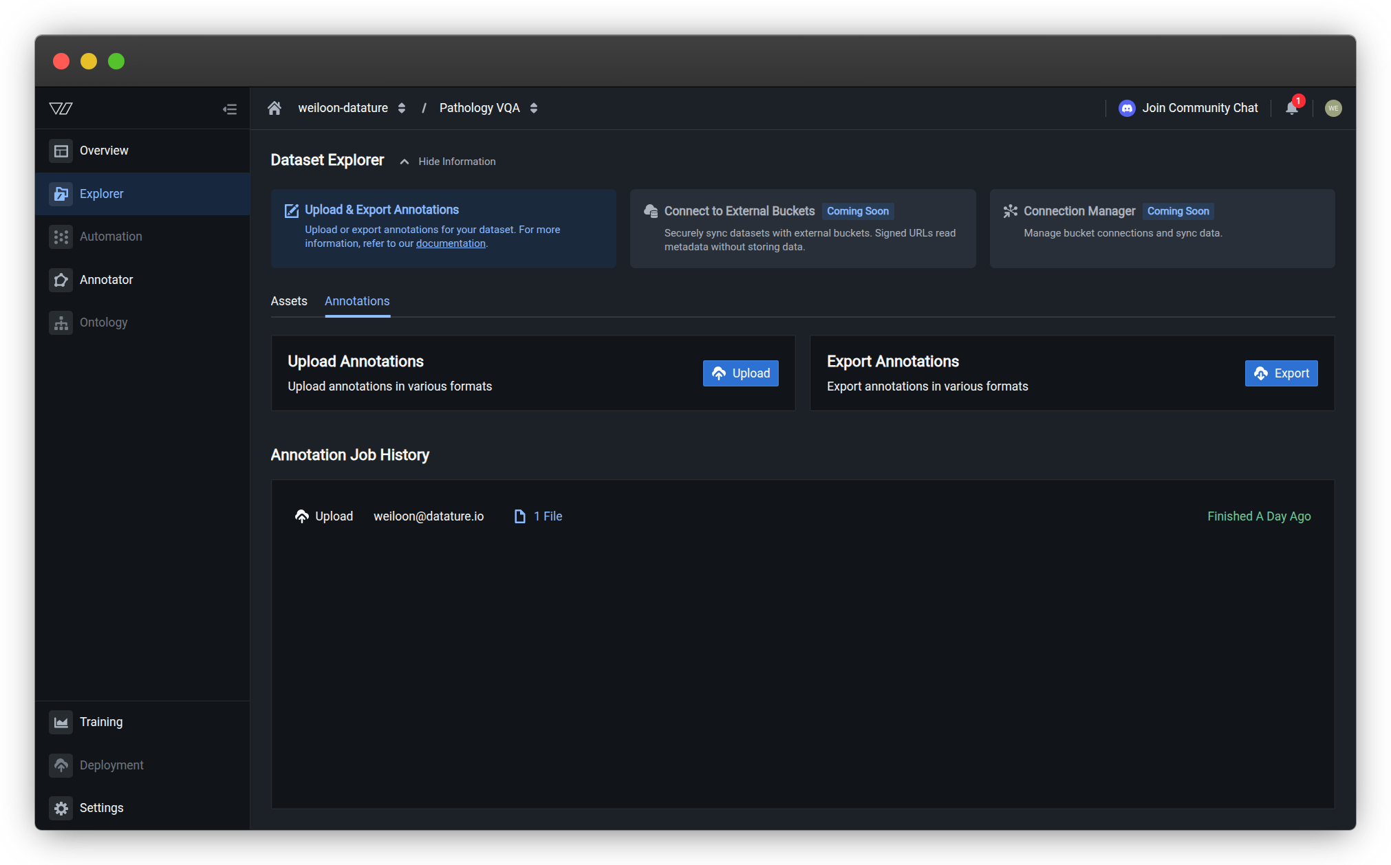 Dataset Explorer showing Export Annotations section