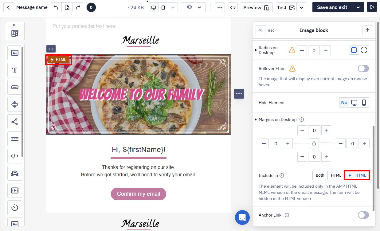 Image block settings with Include in set to HTML, and an HTML badge on the pizza banner in the Marseille email preview
