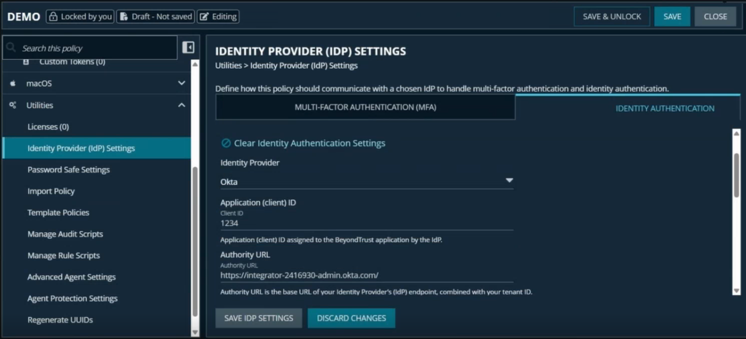 Identity Provider (IdP) Settings page showing Okta selected with Application client ID and Authority URL fields.