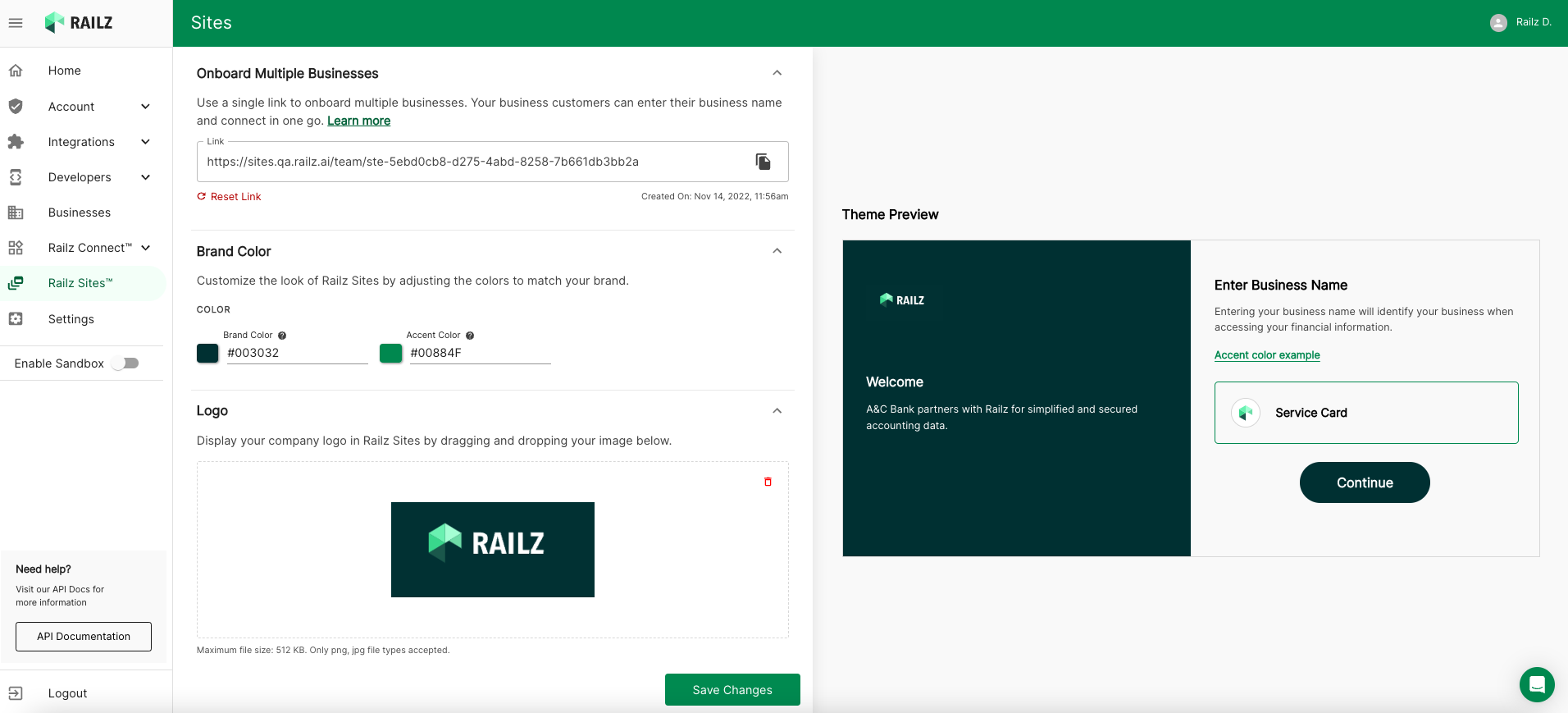 Railz Sites brand settings page. Click to Expand.