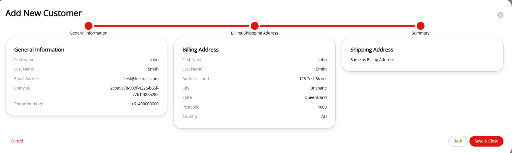 The customer details summary in the customer catalogue wizard