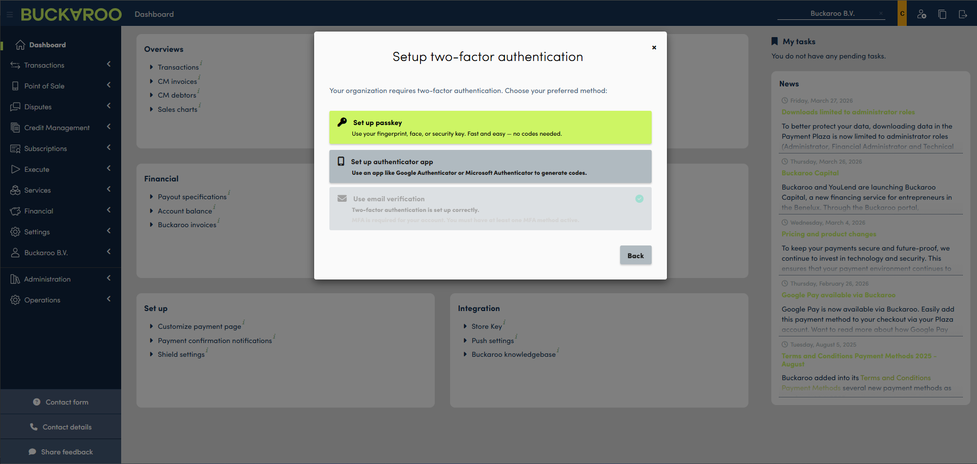 ![Set up two-factor authentication window showing passkey, authenticator app, and email verification options.]