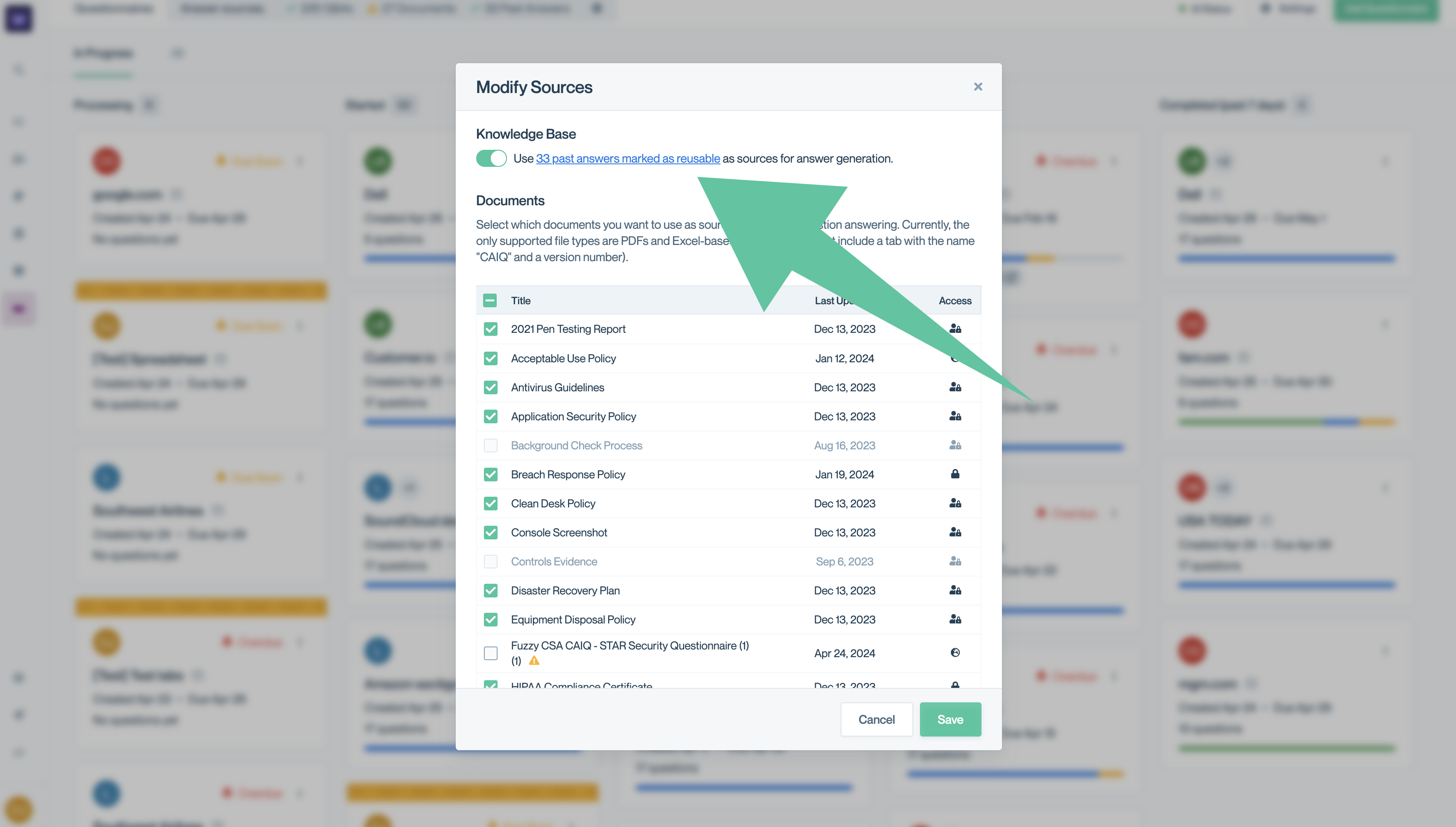 Enabling and disabling Past Answers for answer generation.