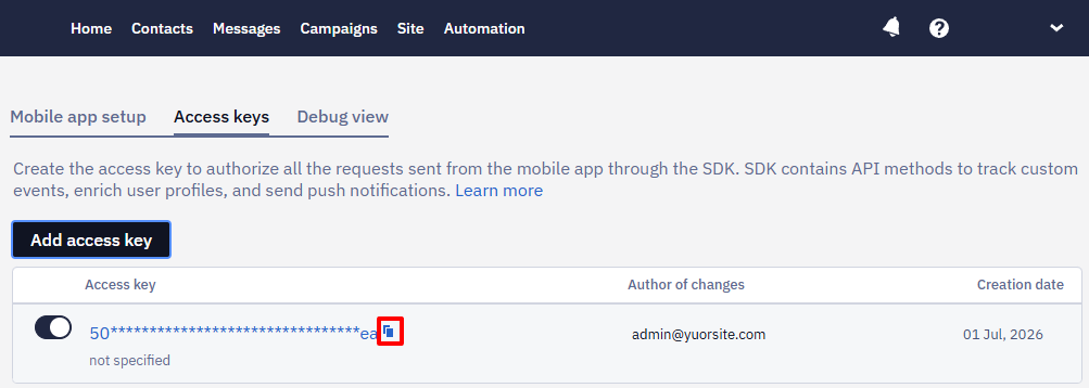 Access Keys tab listing a key with the copy icon highlighted