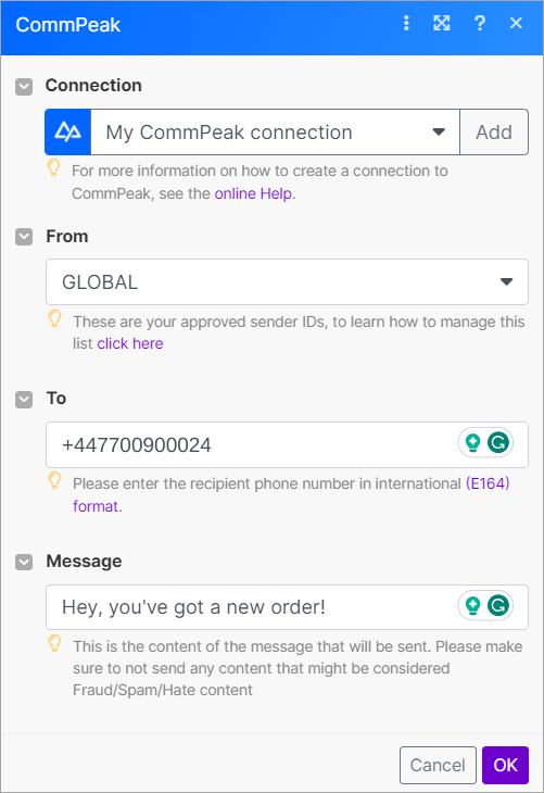 Screenshot of the CommPeak connection dialog