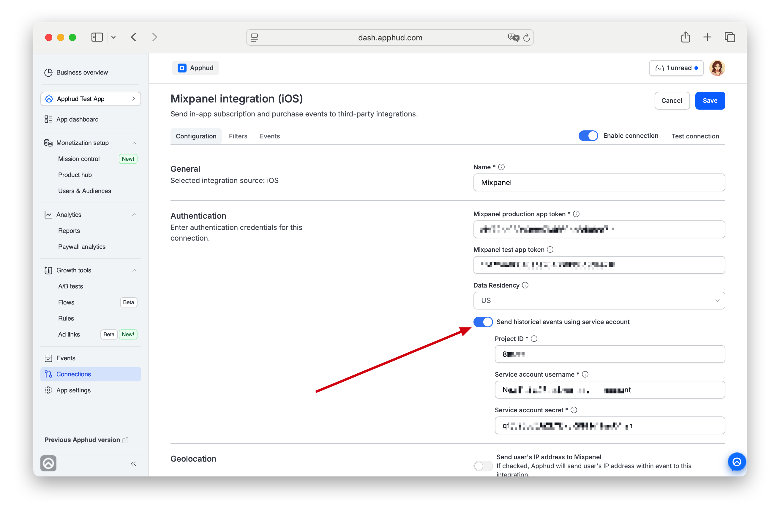 Apphud - Mixpanel historical events Service credentials
