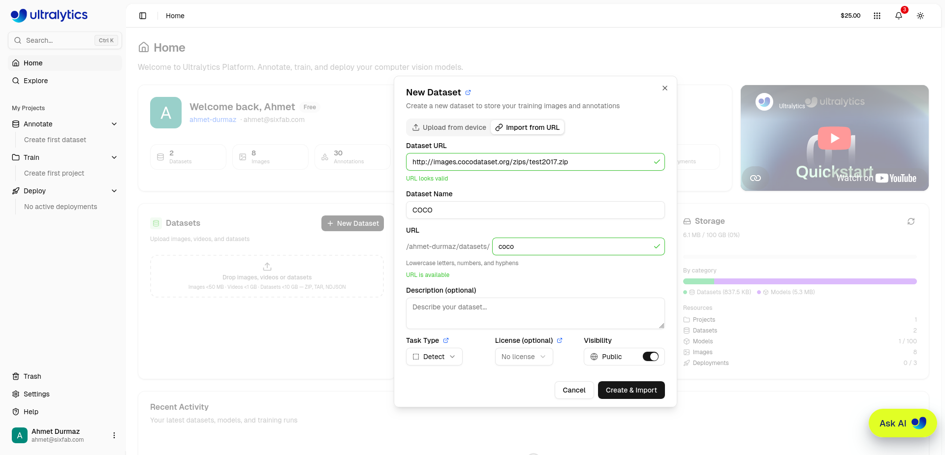 Ultralytics Platform New Dataset dialog importing a COCO dataset from URL, with fields for dataset URL, name, URL slug, task type, and visibility.
