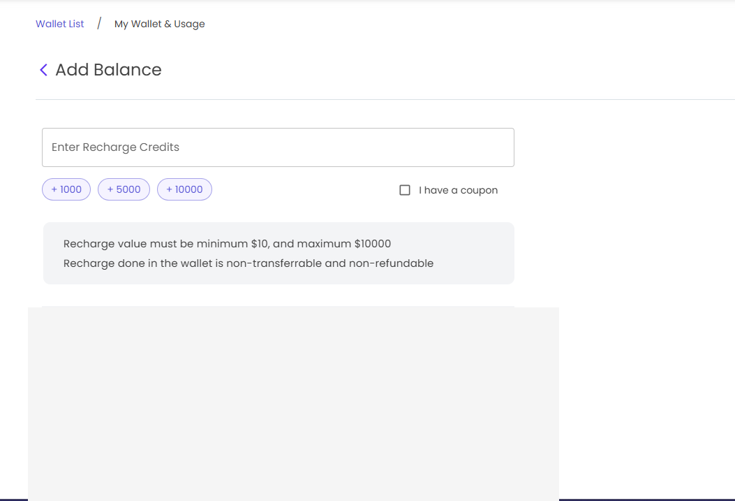 Add Balance page with credit amount field and billing details