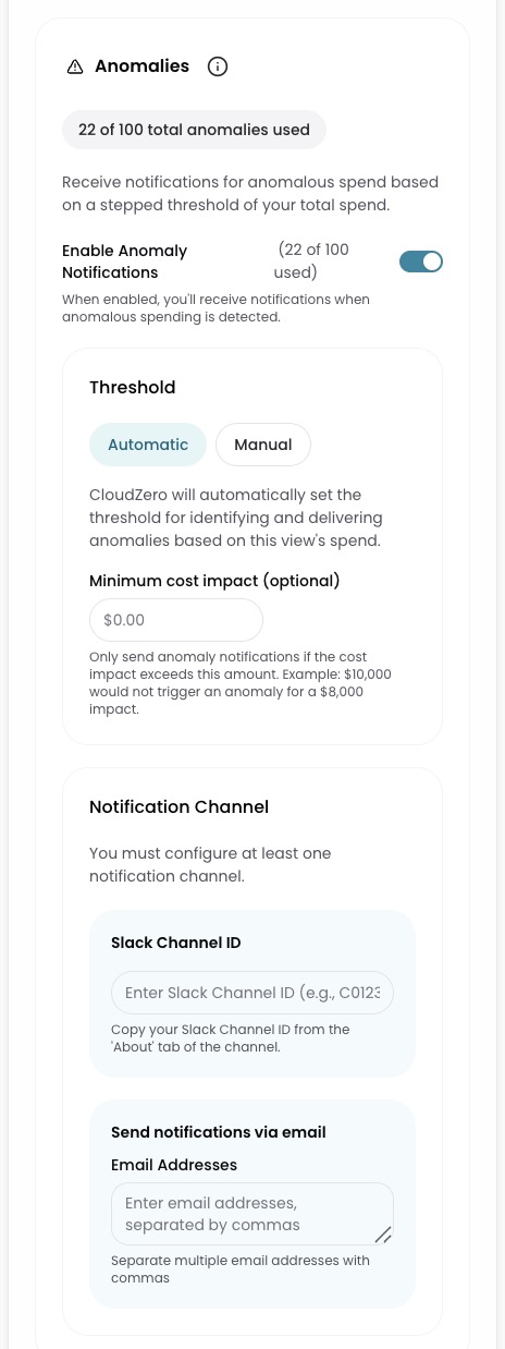 View creation panel showing the Anomalies section with notification settings