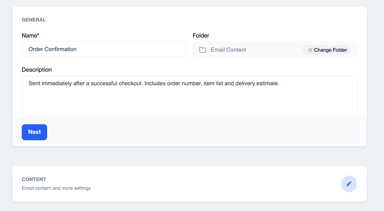  Dengage transactional email form showing the General section with the Name field, the Folder field with a Change Folder button, the Description field and the Next button