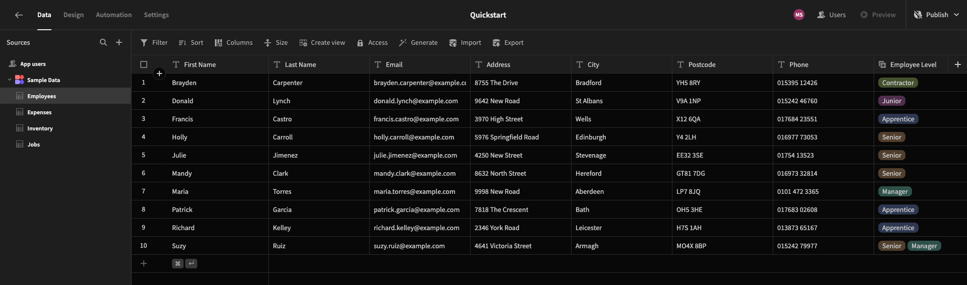 Data section with sample data