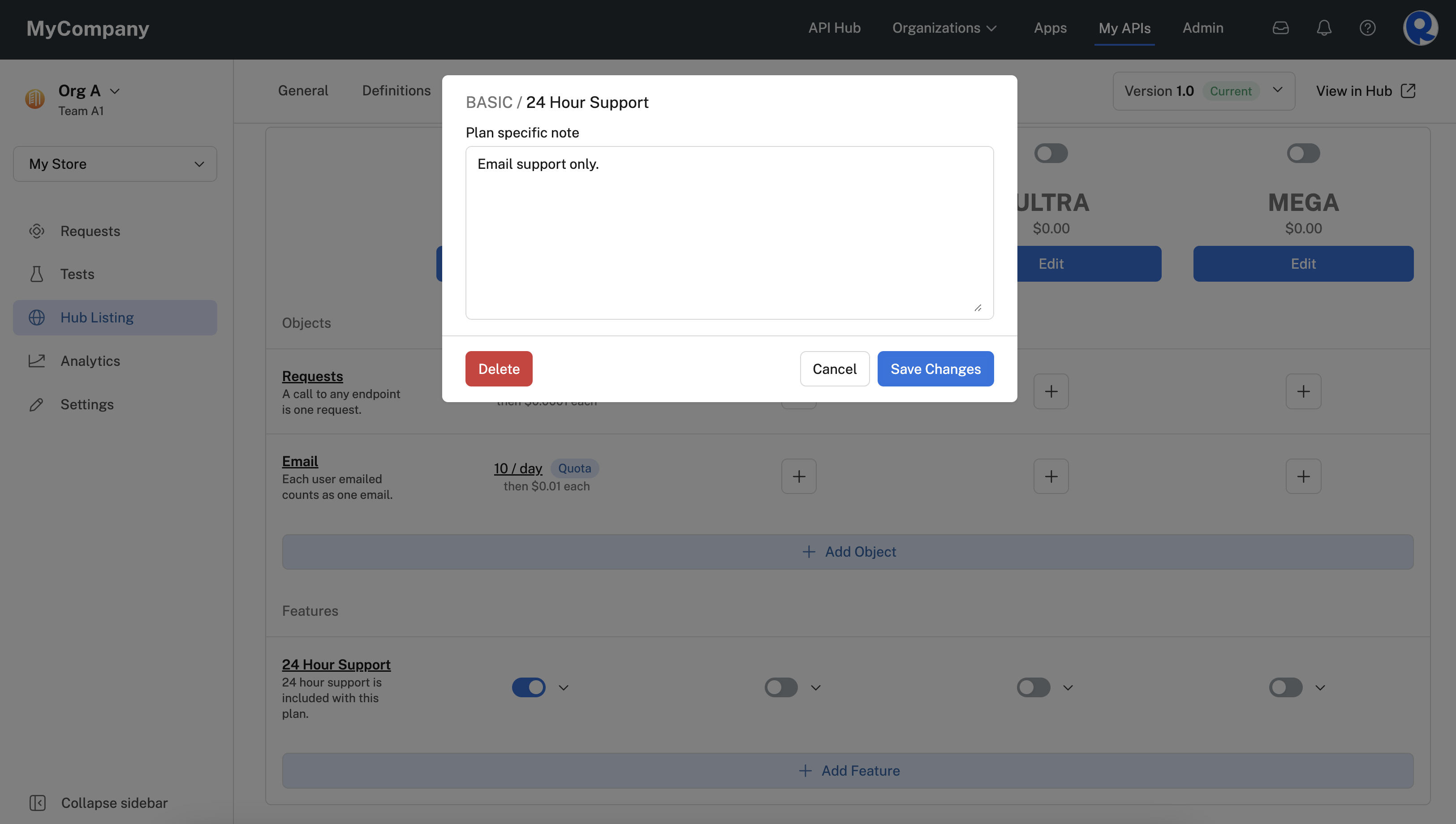 Enabling a Feature for a plan and adding a plan-specific note.