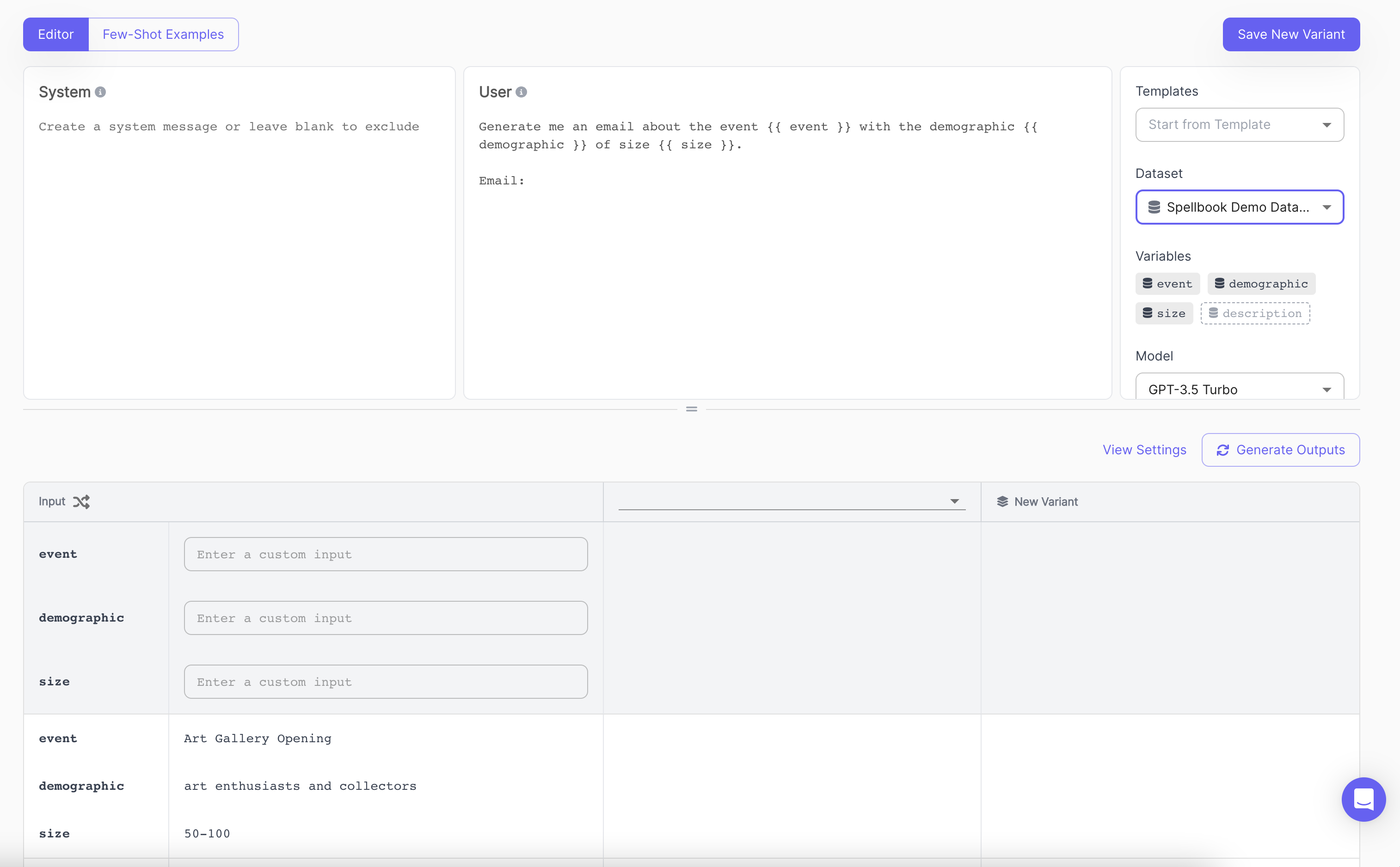 In this example, "event", "demographic", and "size" are referenced as variables from the dataset in the prompt, while "description" is not. 