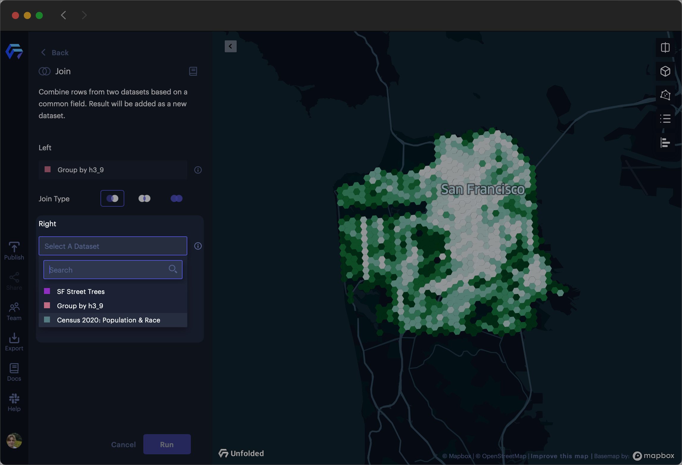 Selecting the "Census 2020" Hex Tile dataset.