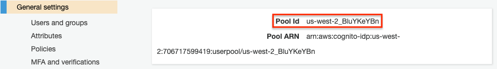 Figure 6. User Pool ID in AWS Cognito

