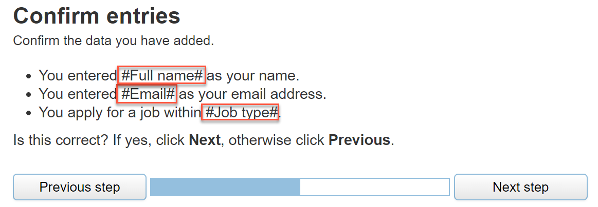 Screenshot of a rich text element with placeholders displayed instead of visitor data when Disable placeholders replacement is selected