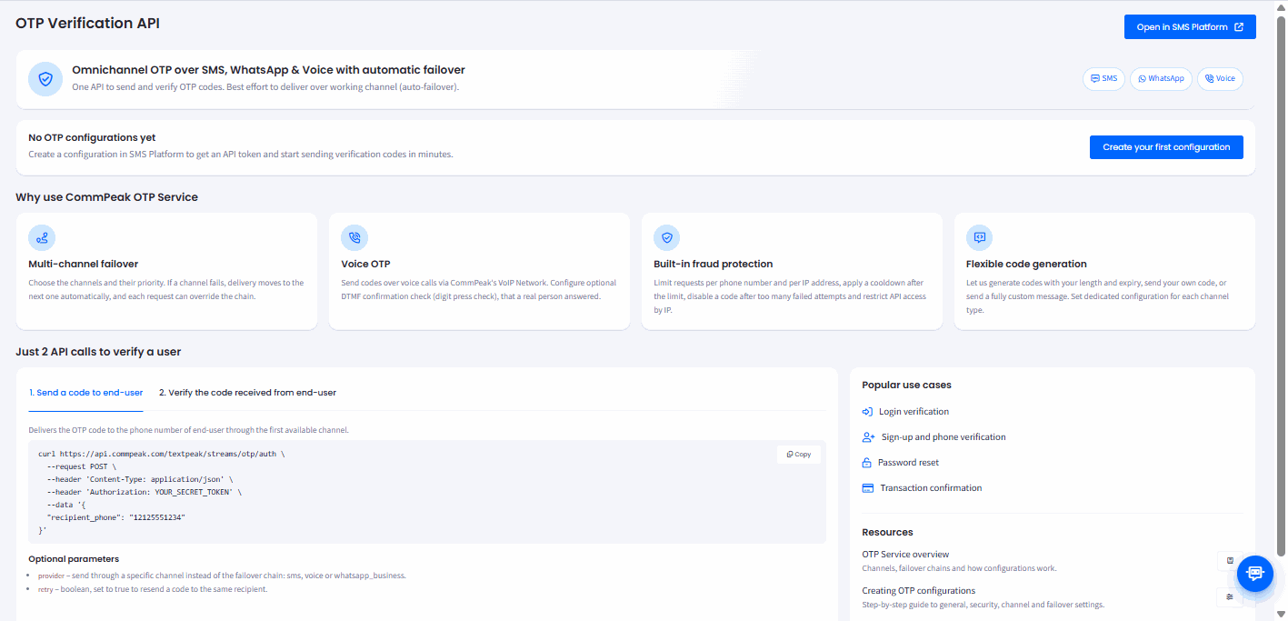 Screenshot of the OTP Verification API page showing the OTP Service features and the Send a code API example
