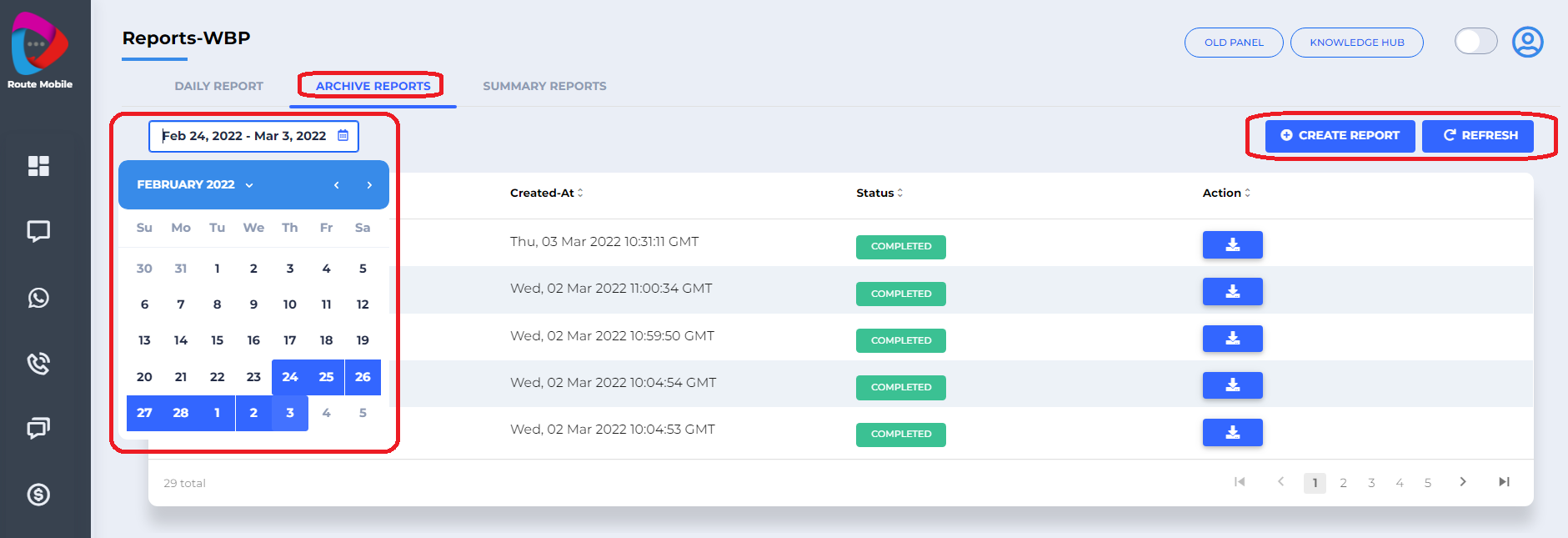WhatsApp archive reports screen showing date selection and report creation controls