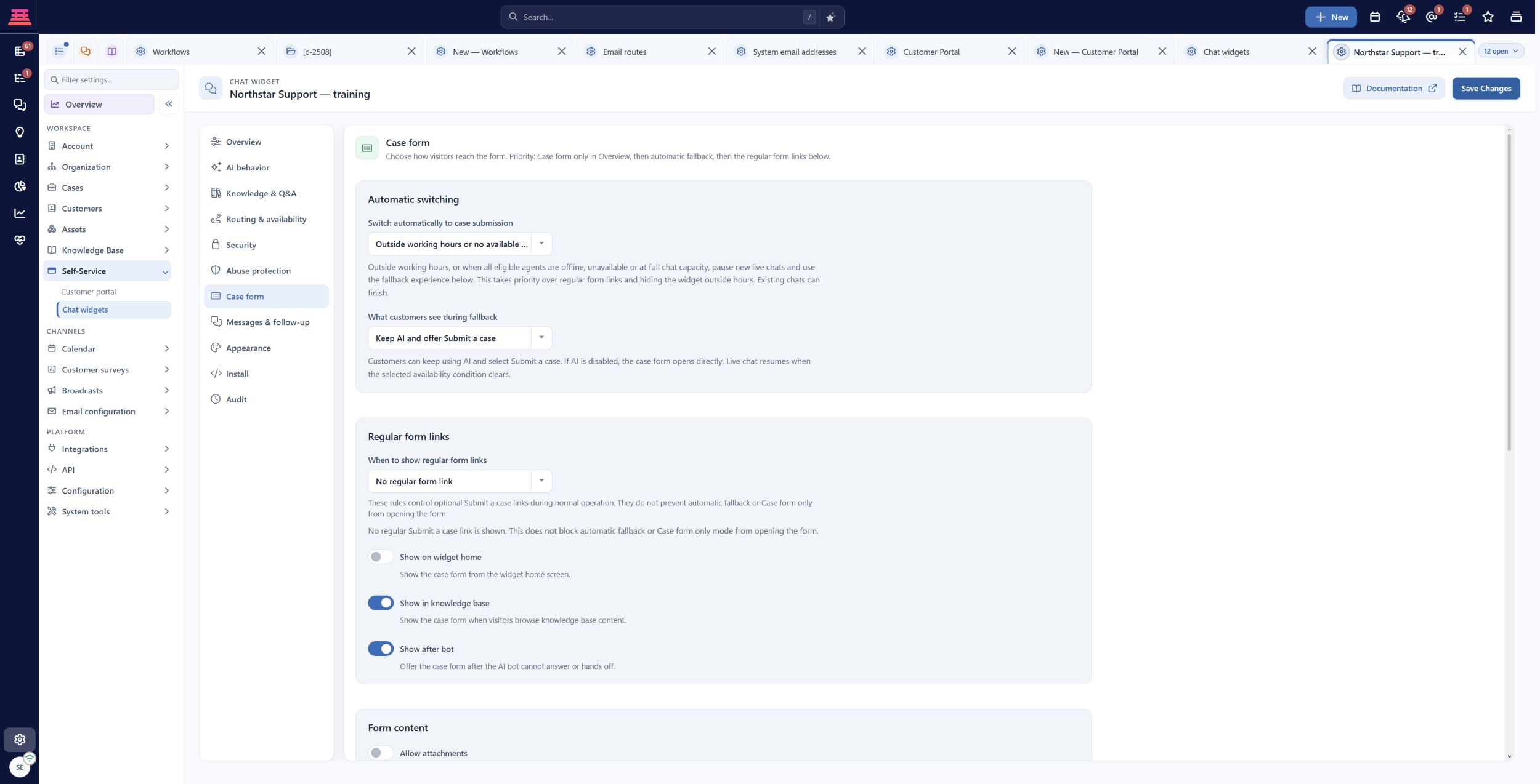 Saved case-form fallback for outside working hours or no available agents. This configuration screenshot does not demonstrate a live visitor-to-agent handoff.