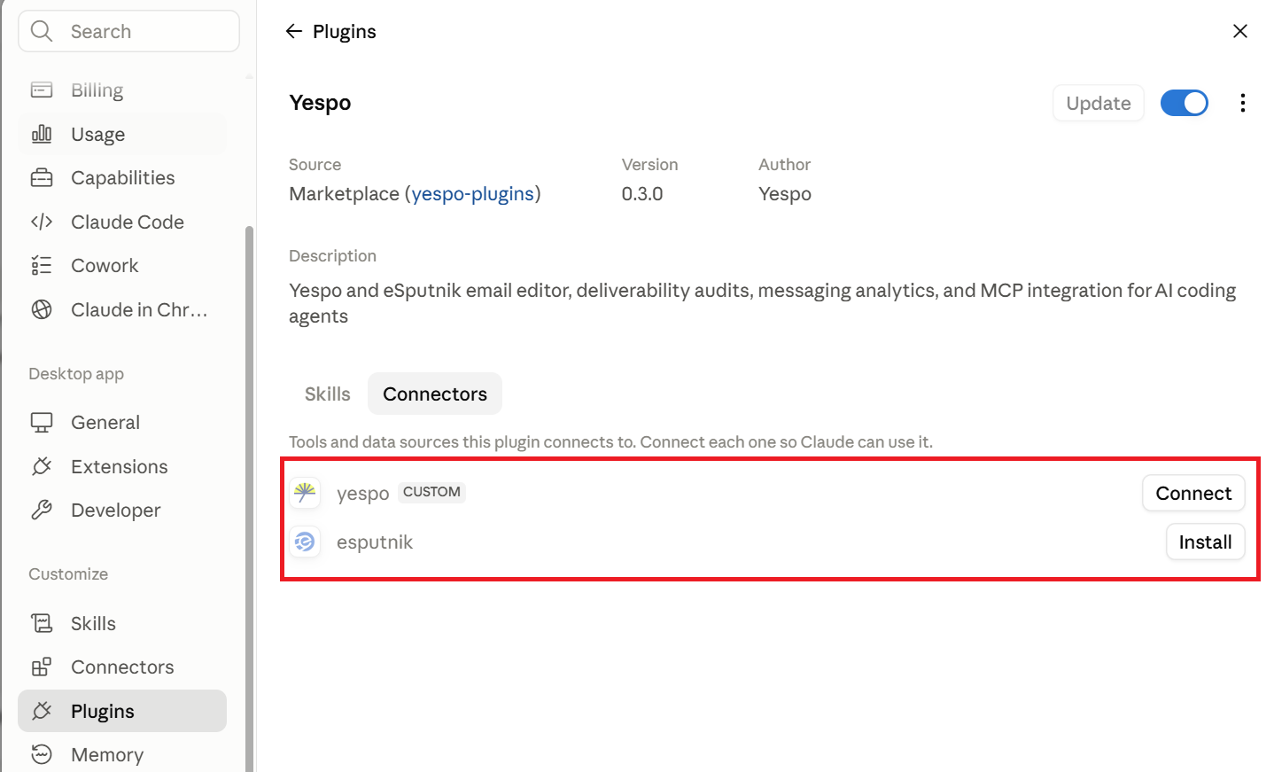 Yespo plugin's Connectors tab with Connect and Install buttons highlighted for the Yespo and eSputnik rows