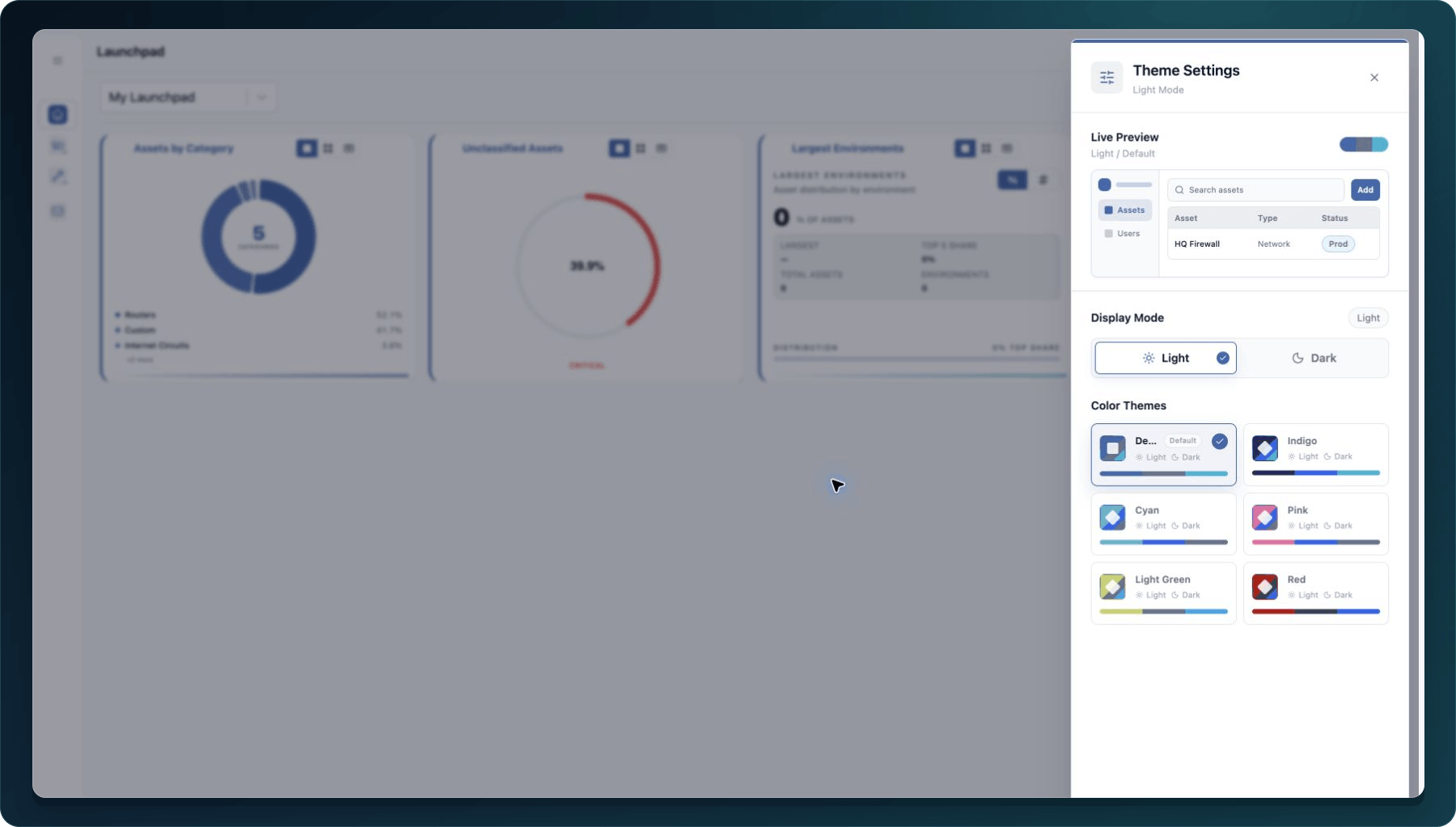 Theme Settings showing the available Light and Dark modes and color presets.