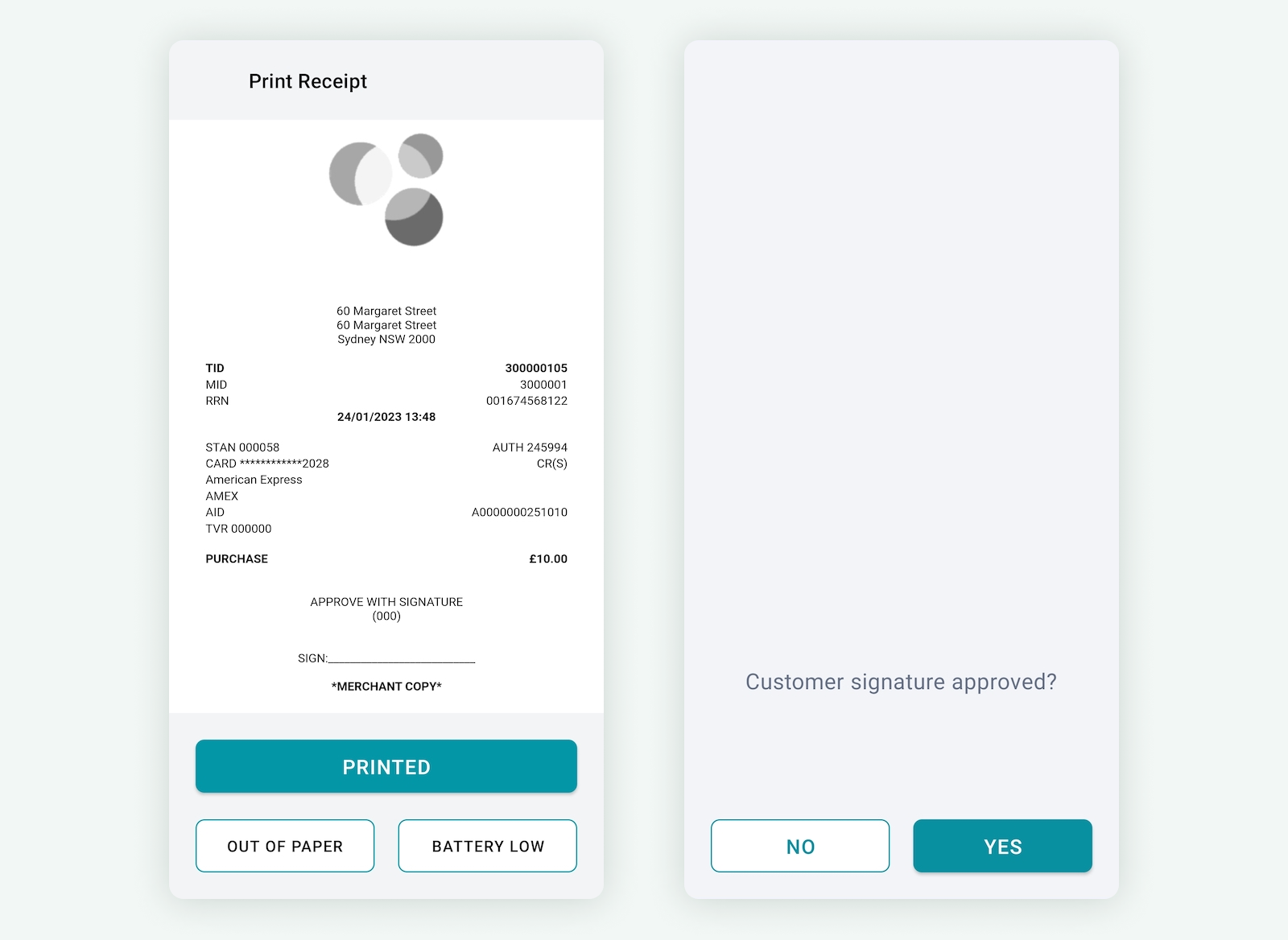 Screenshots of Gecko Bank: the 'receipt to sign' screen and the 'Customer signature approved?' screen.